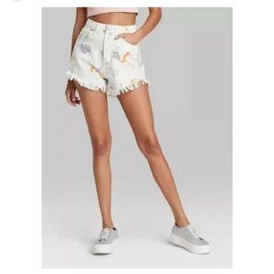 Splattered White Denim Cut Off Jean Button Fly Shorts